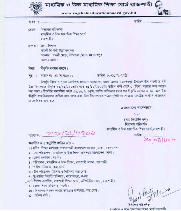 শিবগঞ্জ উচ্চ বিদ্যালয়ের পাঠদানের অনুমতি ও স্বীকৃতি অনুমোদনের চিঠি